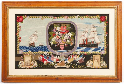 Lot 124 - Woolwork Picture of a Maritime Scene with Urn of Flowers