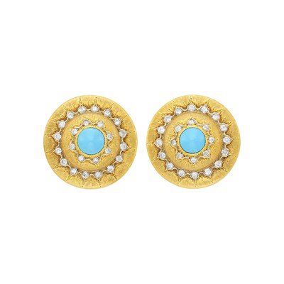 Lot 13 - Pair of Gold, Turquoise and Diamond Earclips