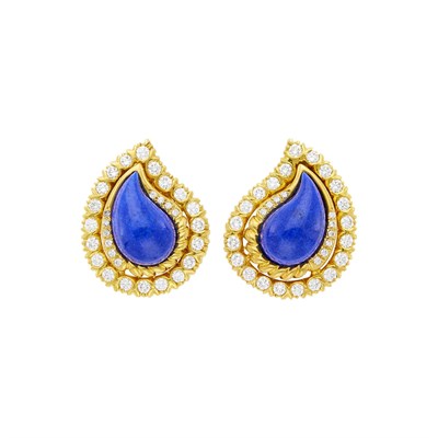 Lot 16 - Tiffany & Co. Pair of Gold, Lapis and Diamond Earclips