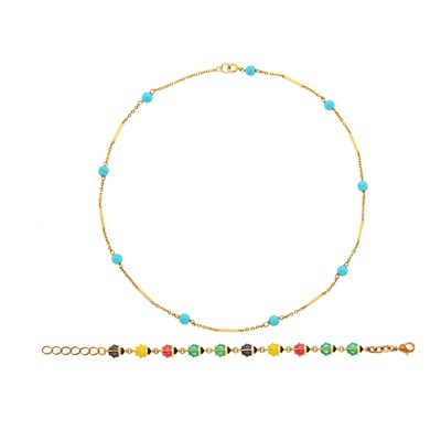 Lot 2208 - Gold and Turquoise Bead Chain Necklace and Gilt-Metal and Enamel Lady Bug Link Bracelet