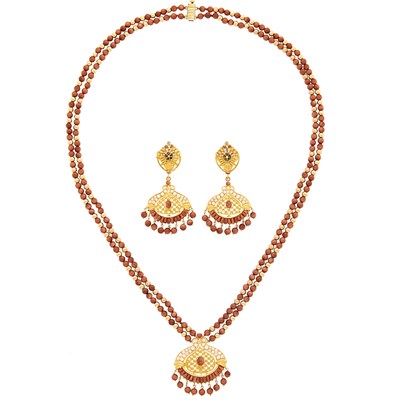 Lot 2122 - Double Strand Goldstone Bead, Gold, Enamel and Simulated Diamond Fringe Pendant-Necklace and Pair of Pendant-Earrings