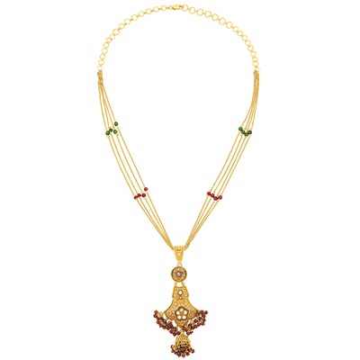 Lot 2094 - Four Strand Gold, Enamel, Simulated Diamond and Garnet Bead Fringe Pendant-Necklace