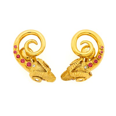Lot 2099 - Pair of Gold, Ruby, Synthetic Ruby and Diamond Ram's Head Earclips