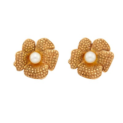 Lot 2066 - Pair of Gold and Cultured Pearl Flower Earclips