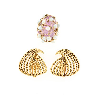 Lot 2246 - Pair of Gold Earclips and Amethyst and Cultured Pearl Ring
