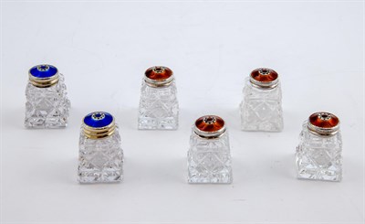 Lot 1156 - Set of Six Norwegian Sterling Silver, Enamel and Glass Individual Salt and Pepper Shakers