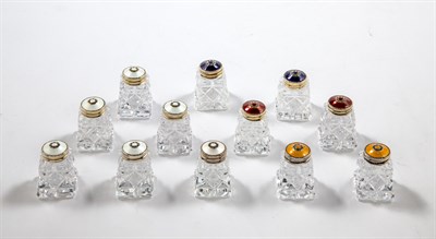 Lot 1042 - Set of Twelve Norwegian Sterling Silver, Enamel and Glass Individual Salt and Pepper Shakers