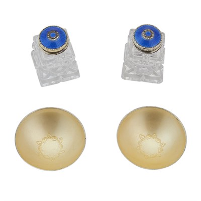 Lot 716 - Pair of Danish Sterling Silver and Enamel Open Salts and Pair of Norwegian Sterling Silver, Enamel and Glass Pepper Casters