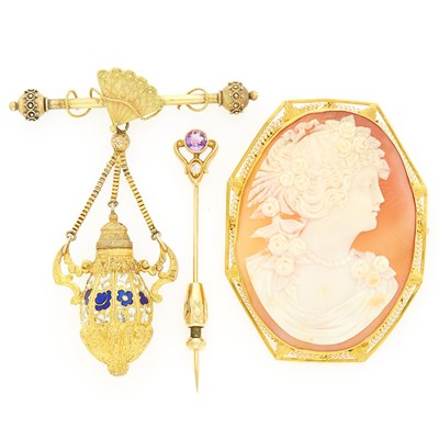 Lot 1139 - Antique Silver-Gilt and Enamel Urn Brooch, Art Nouveau Gold, Amethyst and Diamond Stick Pin and Gold and Shell Cameo Brooch
