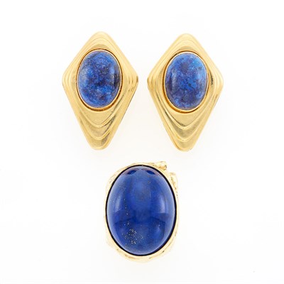 Lot 1199 - Gold and Lapis Ring and Pair of Earrings