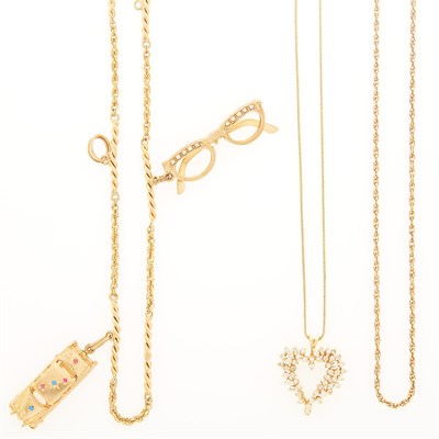 Lot 1178 - Gold Charm Necklace, Chain Necklace and Gold and Diamond Heart Pendant with Chain Necklace