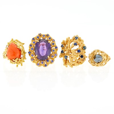Lot 1219 - Four Gold, Coral, Diamond and Gem-Set Rings
