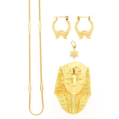 Lot 1051 - Gold Chain Necklace, Charm, Pharaoh Ring and Pair of Hoop Earrings