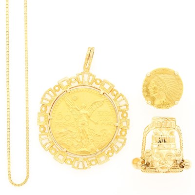 Lot 1176 - Gold and Gold Coin Pendant, Chain Necklace, Coin Ring and Gold Mask Ring