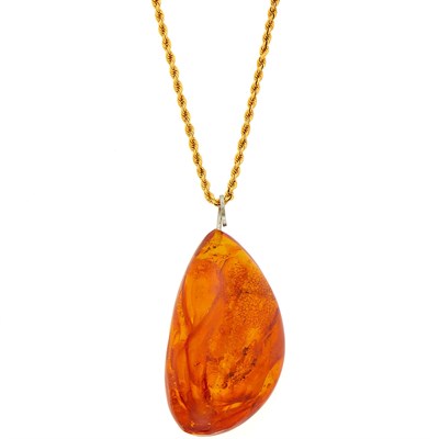 Lot 1222 - Gold and Amber Pendant with Long Chain Necklace