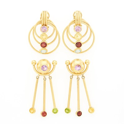 Lot 1283 - Two Pairs of Gold and Gem-Set Earrings