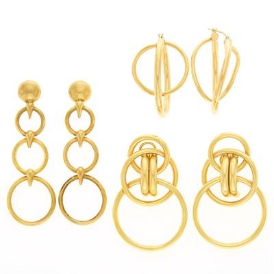 Lot 1276 - Three Pairs of Gold Earrings