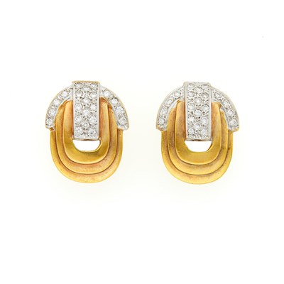 Lot 1291 - Pair of Two-Color Gold and Diamond Earrings