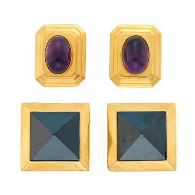 Lot 1233 - Pair of Gold and Cabochon Amethyst Earrings and Paul Morelli Pair of Gold and Hematite Earrings