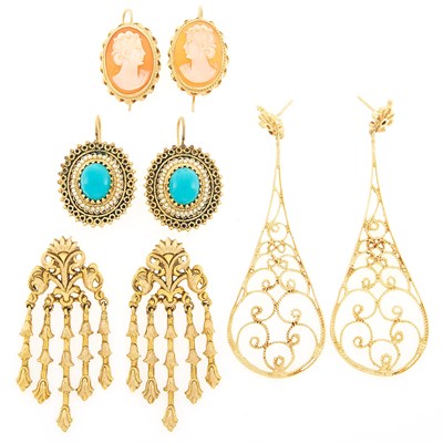 Lot 1147 - Four Pairs of Gold, Turquoise, Split Pearl and Shell Cameo Earrings