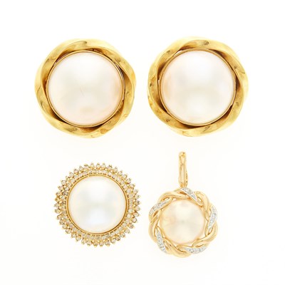 Lot 1282 - Pair of Gold and Mabé Pearl Earrings, Ring and Enhancer