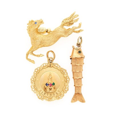 Lot 1164 - Gold Horse Brooch and Two Charms