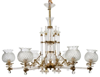 Lot 302 - Glass and Brass Six-Light Chandelier Height 27...