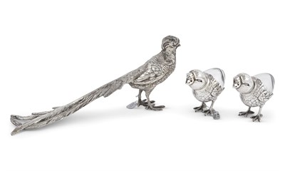 Lot 1254 - Continental Silver Figure of a Pheasant and Pair of Continental Silver and Glass Chick Form Casters