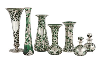 Lot 144 - Group of Seven American Silver Overlay Green Glass Vases and Scent Bottles