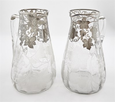 Lot 1166 - Pair of American Silver Overlay Cut and Etched Glass Claret Jugs