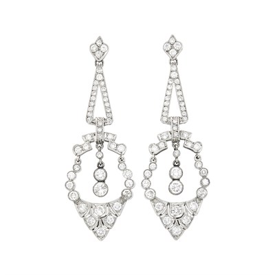 Lot 74 - Pair of Platinum and Diamond Pendant-Earrings