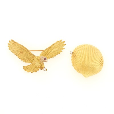 Lot 1209 - Two-Color Gold, Diamond and Ruby Eagle Pin and Gold Shell Pin