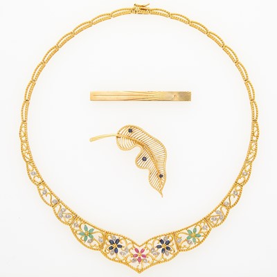 Lot 1159 - Gold, Silver-Gilt and Gem-Set Necklace, Leaf Brooch and Bar Brooch