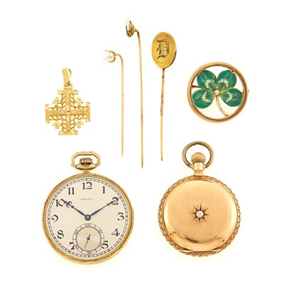 Lot 1181 - Group of Gold, Low Karat Gold and Gold-Filled Pocket Watches and Jewelry