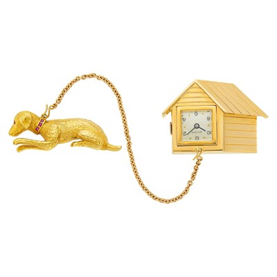 Lot 2223 - Gold Dog House and Synthetic Ruby Dog Watch Brooches