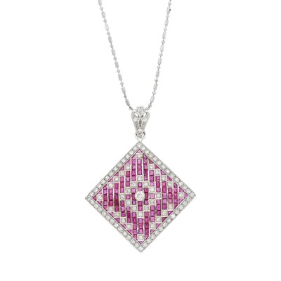Lot 1088 - White Gold, Ruby and Diamond Pendant-Brooch with Chain Necklace