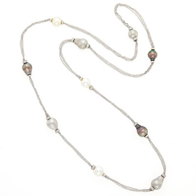 Lot 1062 - Long White Gold, Black, Gray and White Cultured Pearl and Diamond Necklace