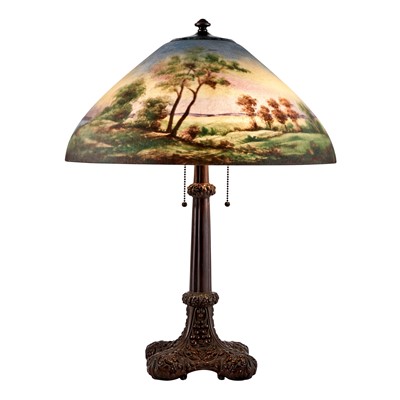 Lot 505 - Jefferson Lamp Co. Patinated Metal and Reverse-Painted Glass Scenic Table Lamp