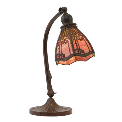 Lot 432 - Handel Co. Patinated Metal and Slag Glass Table Lamp