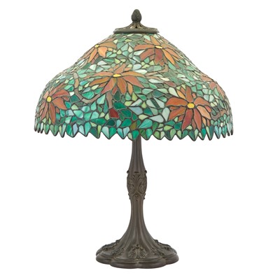 Lot 434 - American Patinated Metal and Leaded Glass Poinsettia Table Lamp