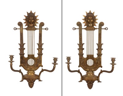 Lot 412 - Pair of Bronze Lyre-Form Two-Light Sconces