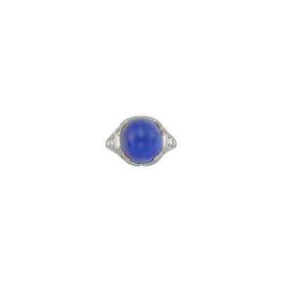 Lot 217 - Platinum, Cabochon Sapphire and Diamond Ring