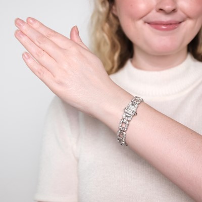 Lot 1137 - Platinum and Diamond Bracelet-Watch
