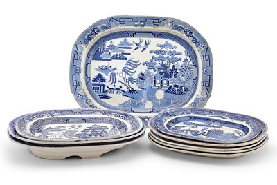 Lot 300 - Group of Staffordshire Blue and White Transfer Decorated Pottery Blue Willow Pattern Platters