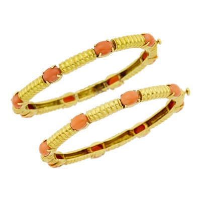 Lot 19 - Pair Gold and Coral Bangle Bracelets