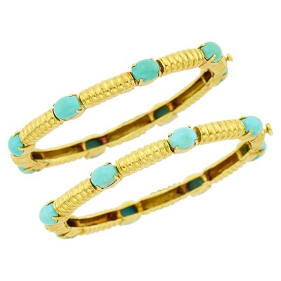 Lot 18 - Pair of Gold and Turquoise Bangle Bracelets