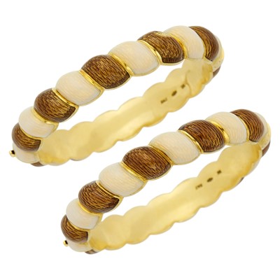 Lot 1023 - Pair of Gold and Enamel Bangle Bracelets