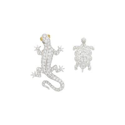 Lot 121 - Tiffany & Co., Schlumberger Platinum and Diamond Lizard Pin and Tiffany & Co. Turtle Pin