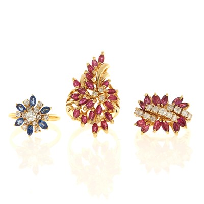 Lot 2107 - Three Gold, Ruby, Sapphire and Diamond Rings