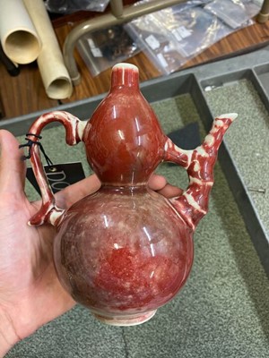 Lot 80 - A Chinese Peachbloom Glazed Porcelain Double Gourd Ewer